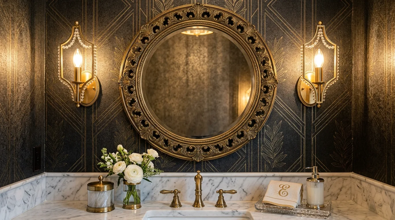 Bring in stone tile or marble for a richer finish inspiration for a powder room.